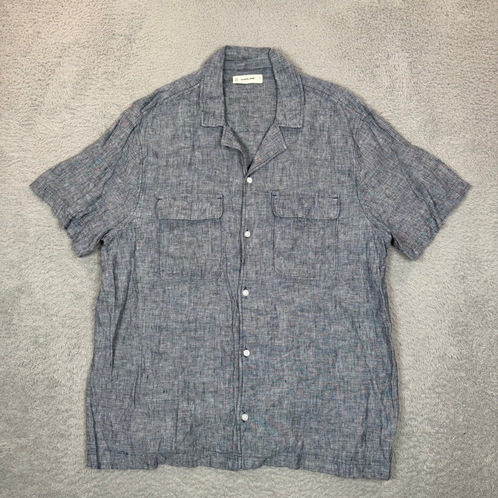 Everlane Mens XL Blue Linen Short Sleeve Camp Collar Button Down Shirt Pockets